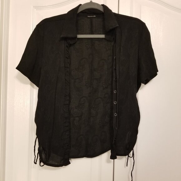 Vintage Sheer Textured Paisley Jacquard Cropped Black Button up Rouched Shirt - Picture 3 of 10
